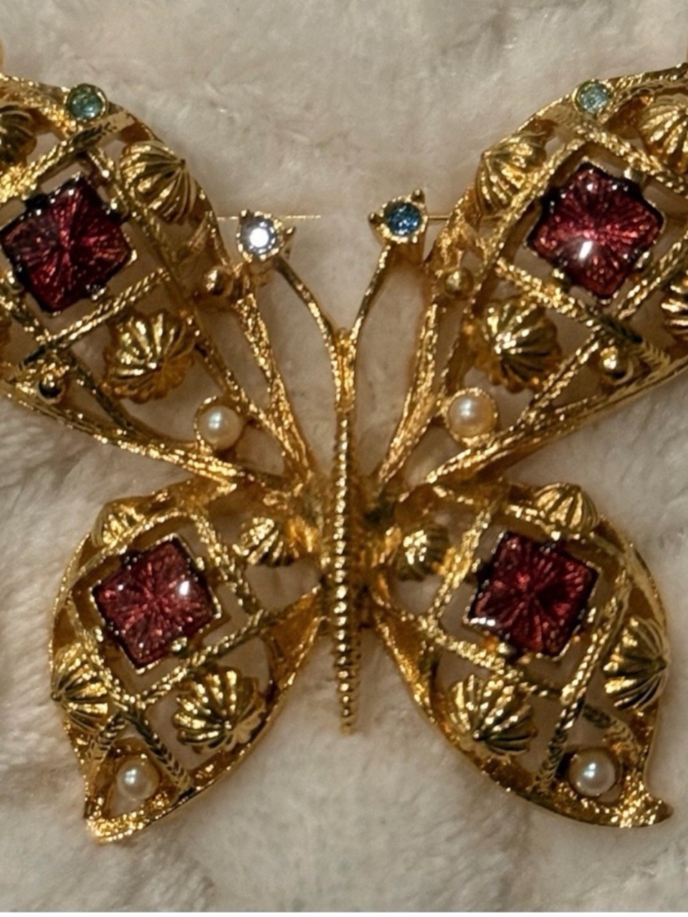 Avon Gold Tone Butterfly Brooch with Red Green Blue Faux Pearl Accents - Picture 4 of 6
